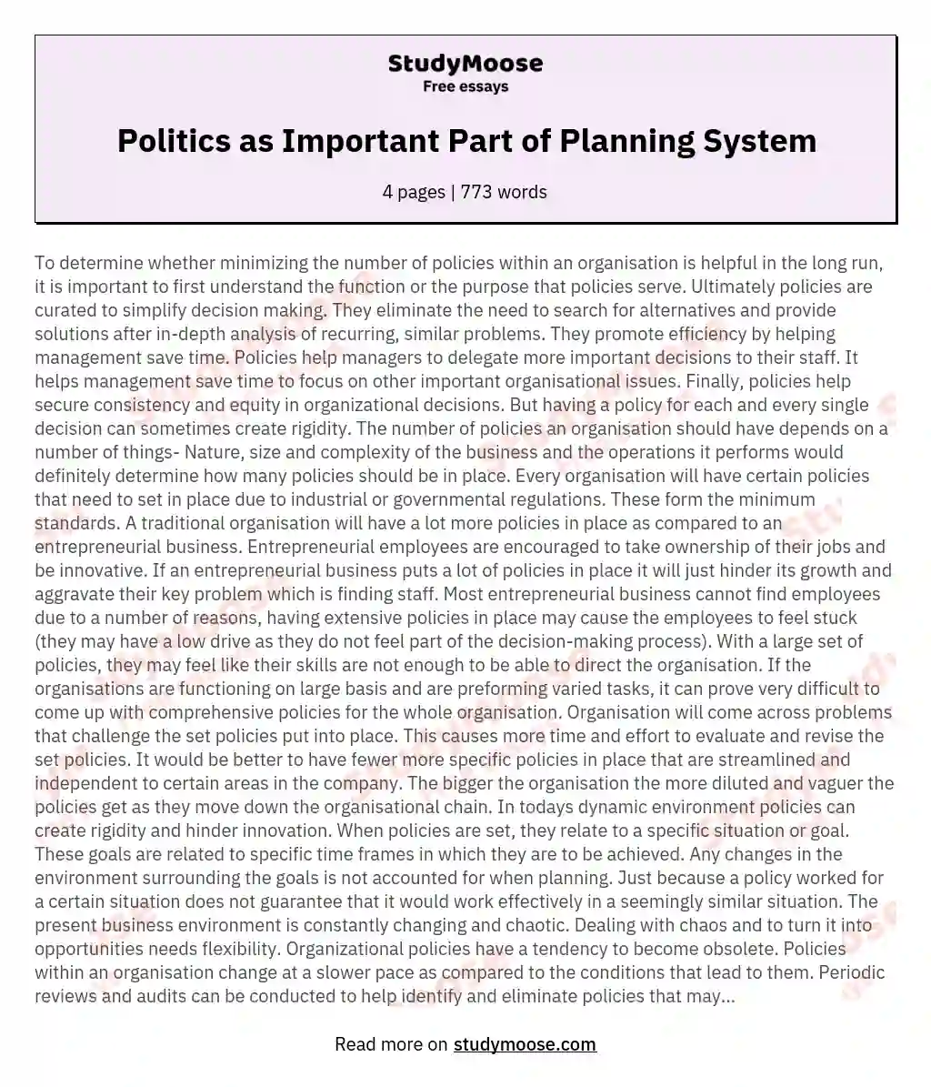 Politics as Important Part of Planning System essay
