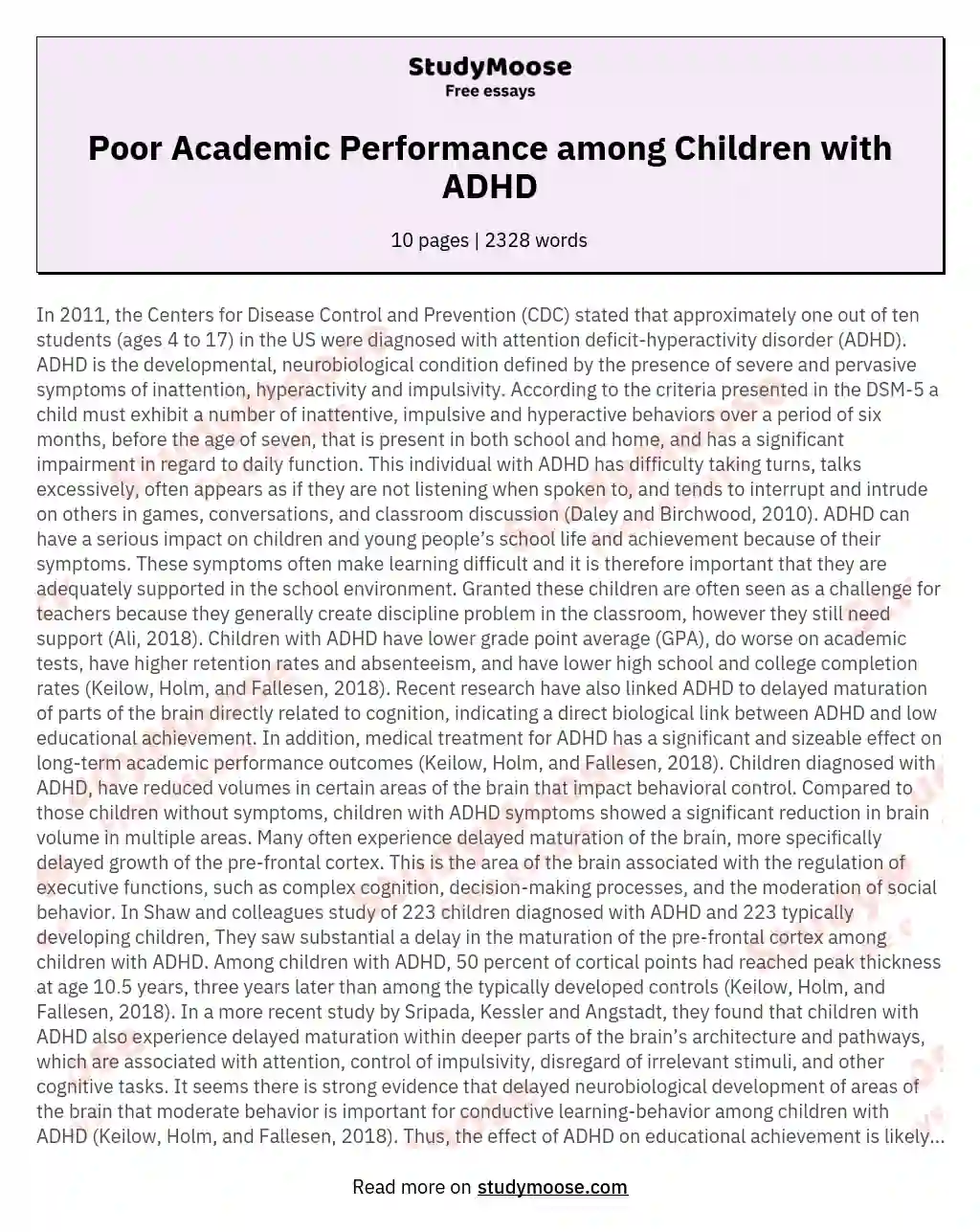 Poor Academic Performance among Children with ADHD essay