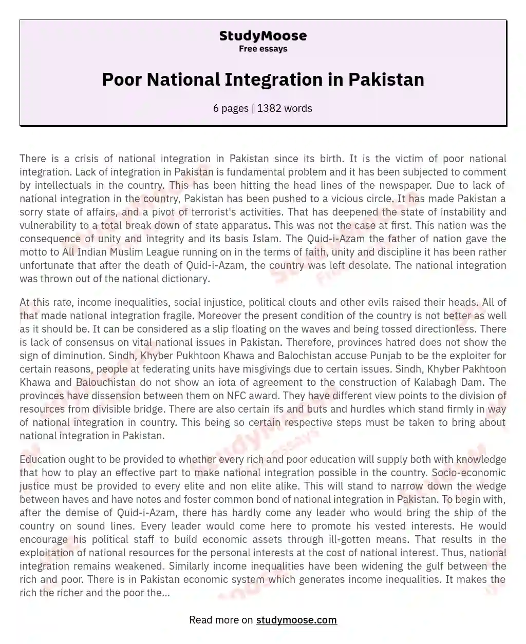 Poor National Integration in Pakistan essay
