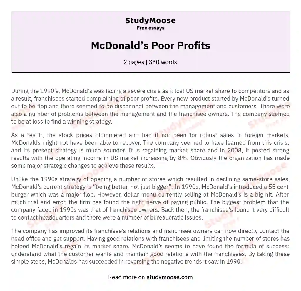 McDonald’s Poor Profits essay