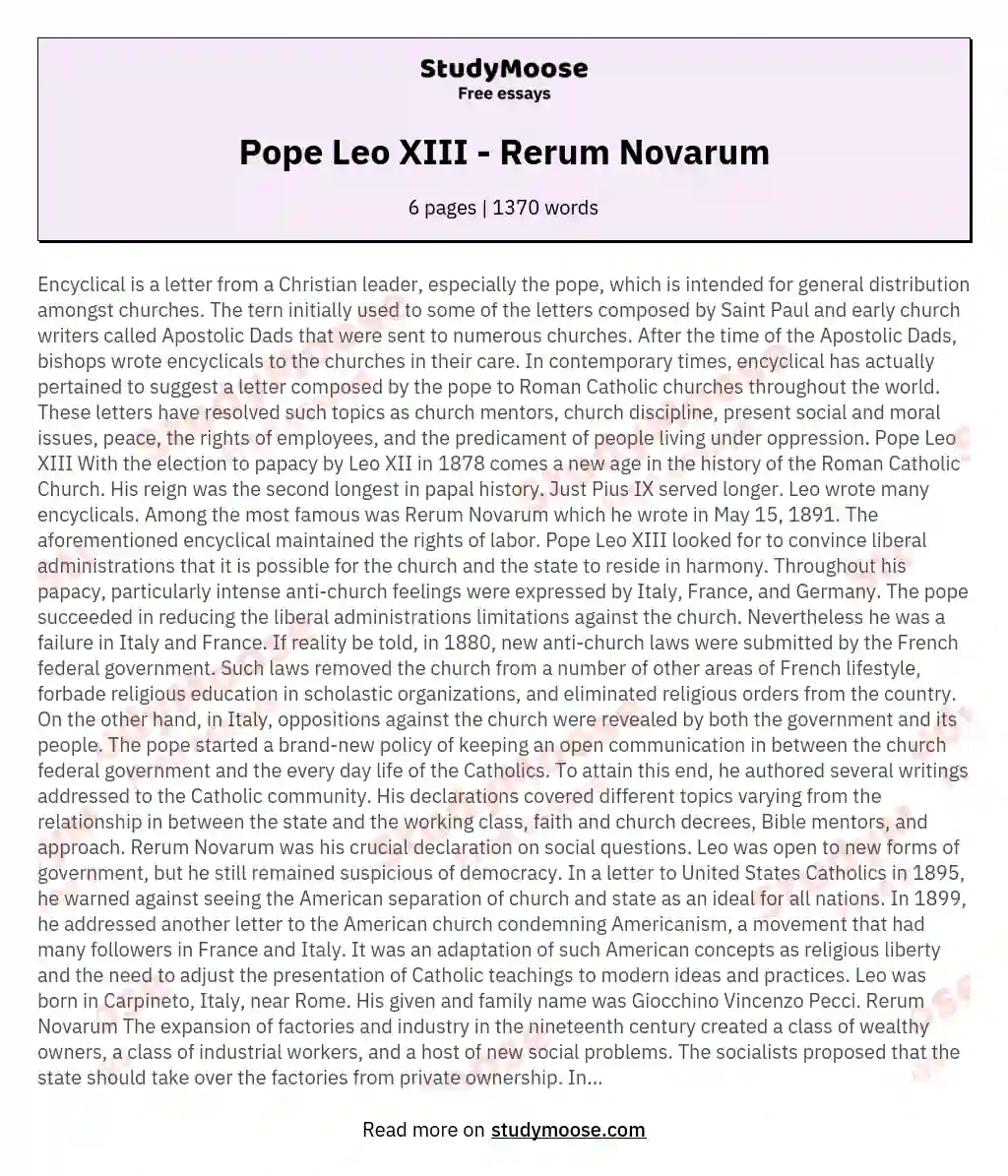 Pope Leo XIII - Rerum Novarum essay