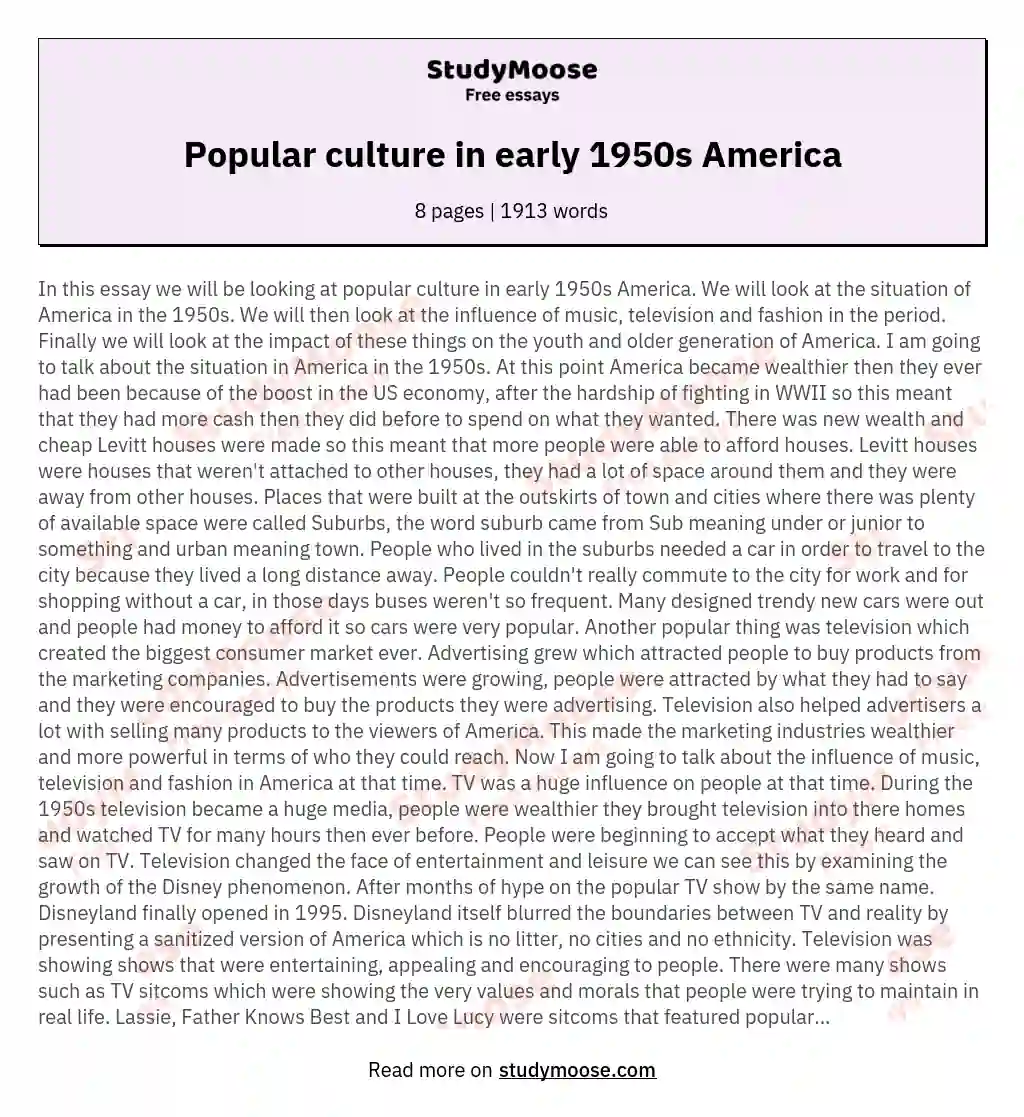 Popular culture in early 1950s America essay