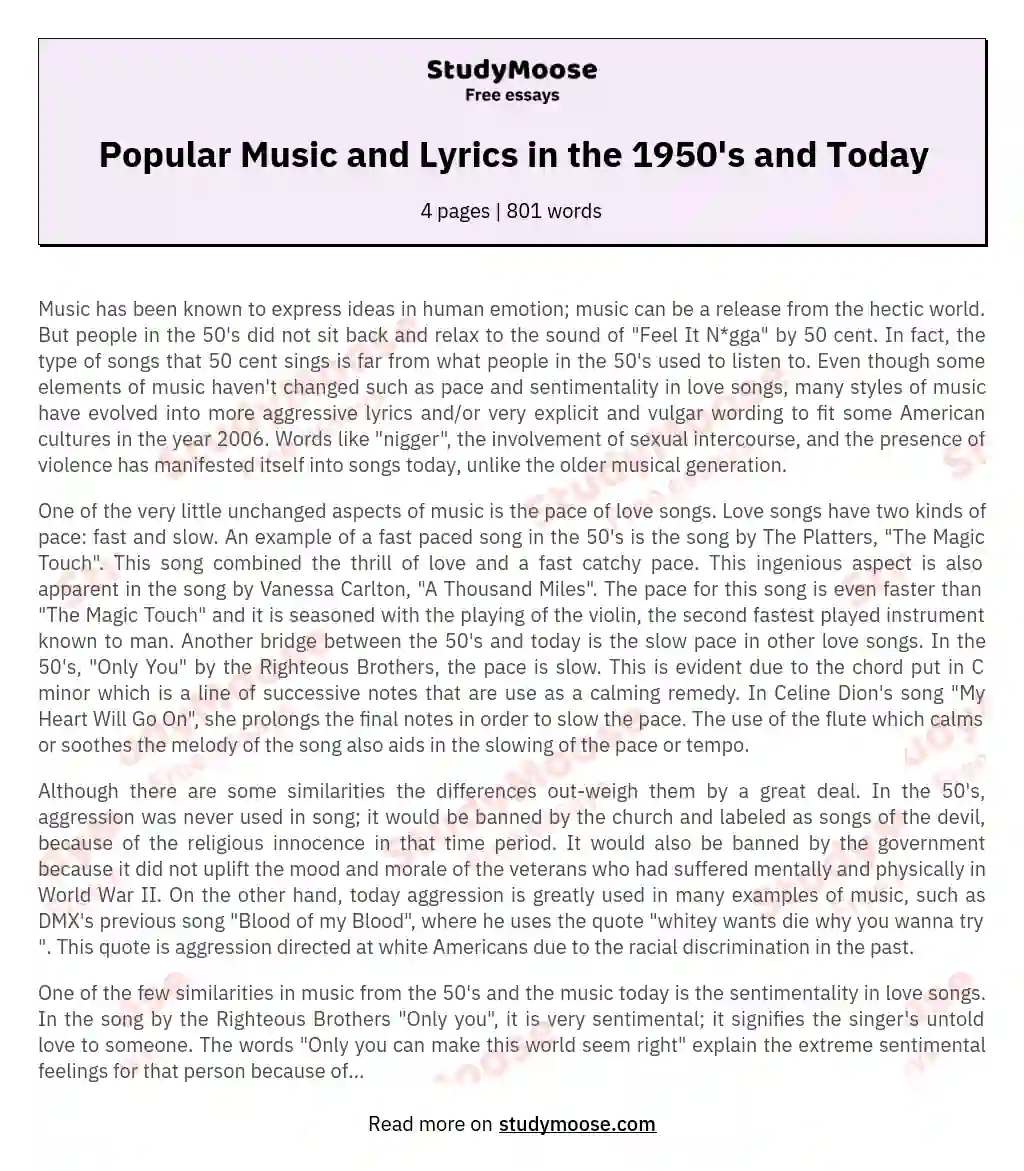 Popular Music and Lyrics in the 1950's and Today essay