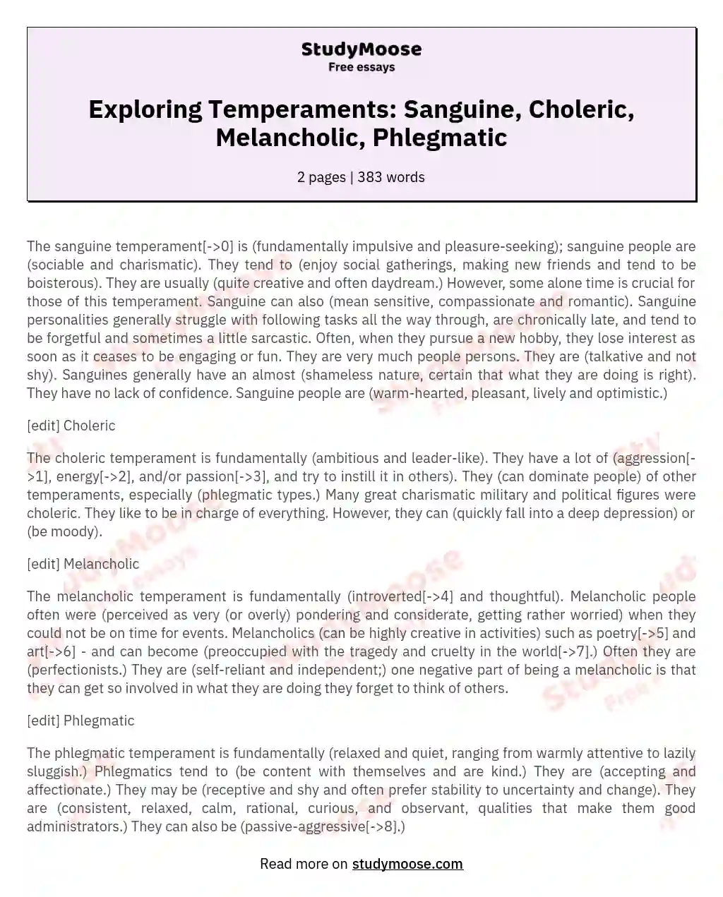 Exploring Temperaments: Sanguine, Choleric, Melancholic, Phlegmatic essay