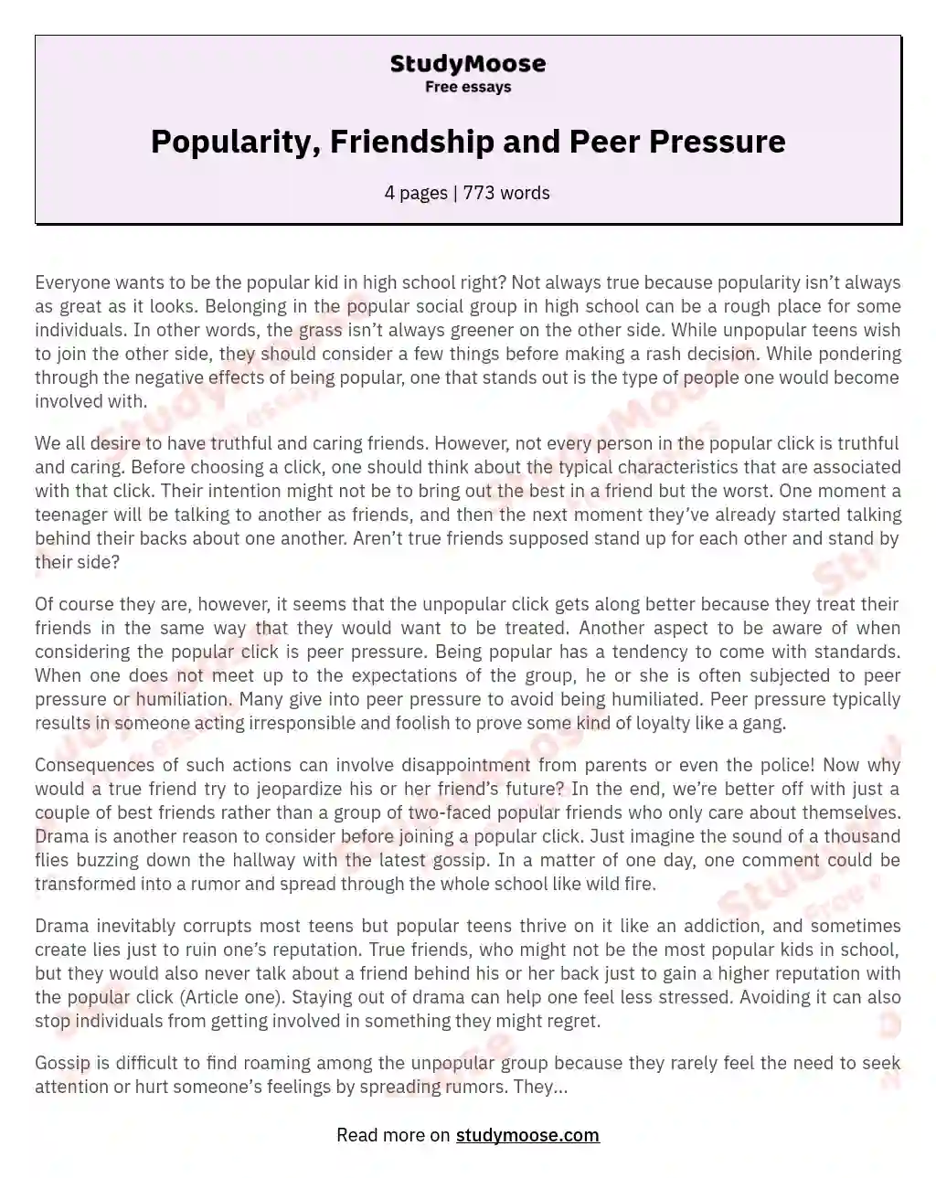 Popularity, Friendship and Peer Pressure