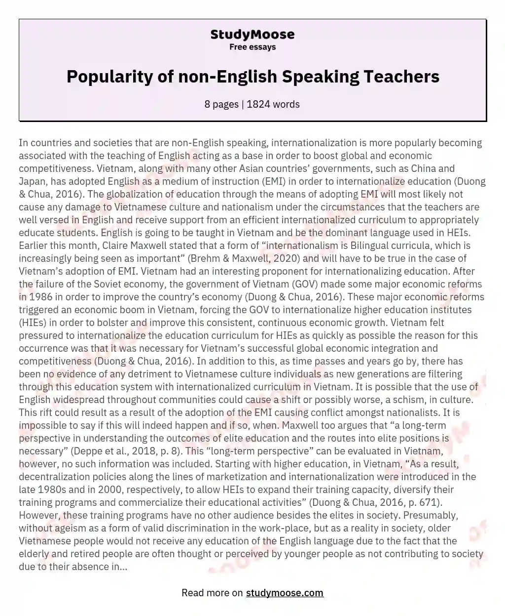 Popularity of non-English Speaking Teachers essay