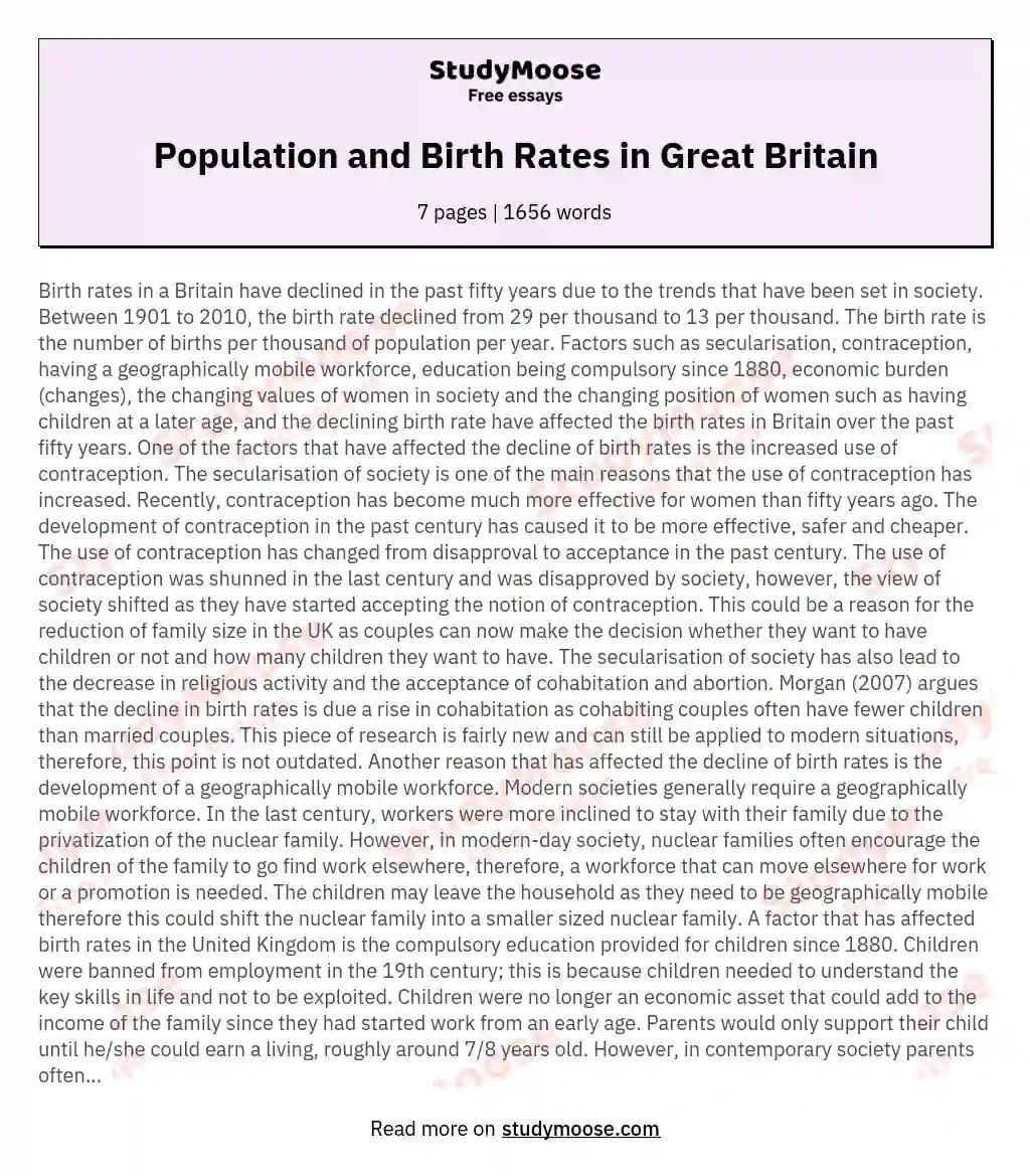 Population and Birth Rates in Great Britain essay