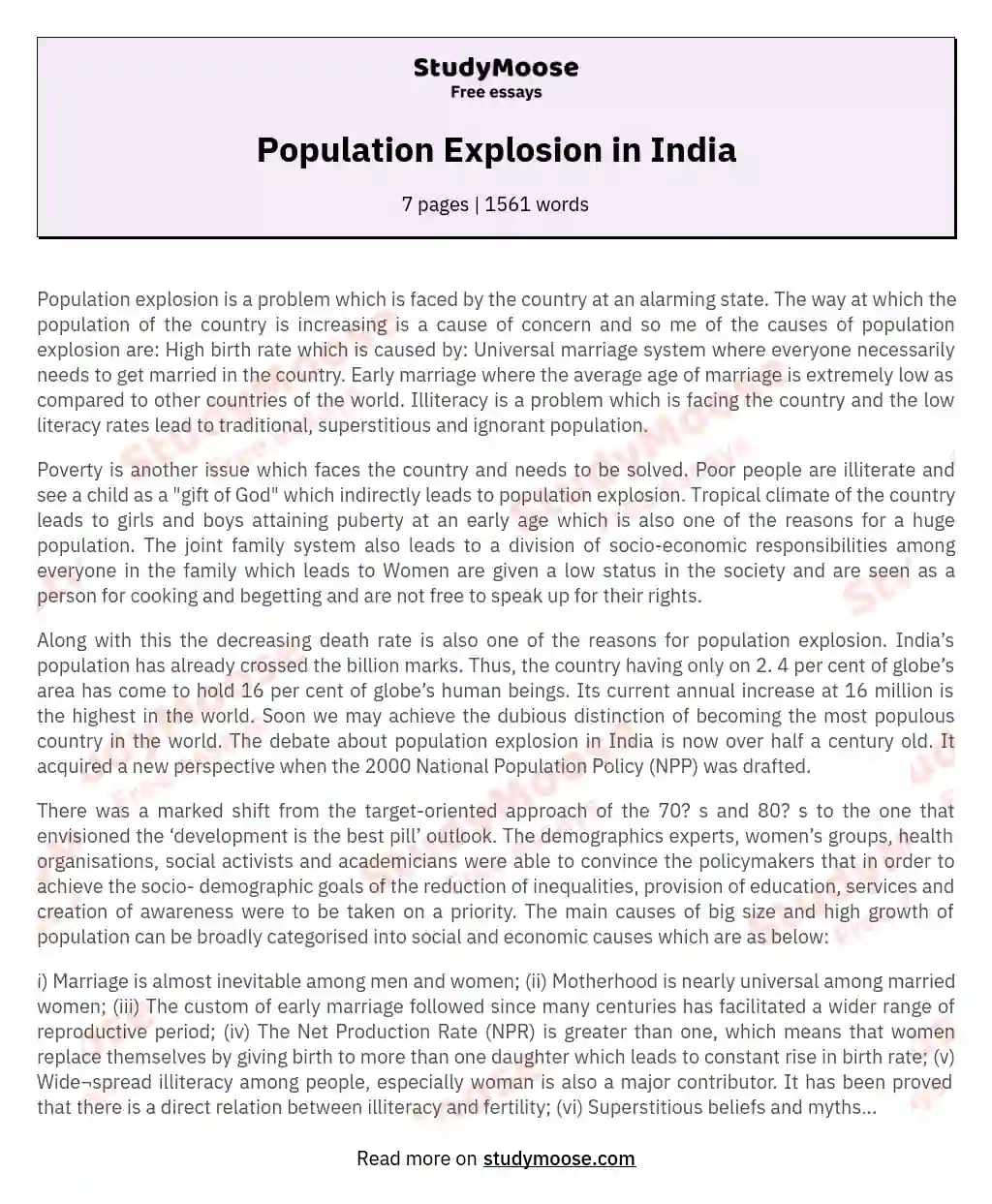 Population Explosion in India essay