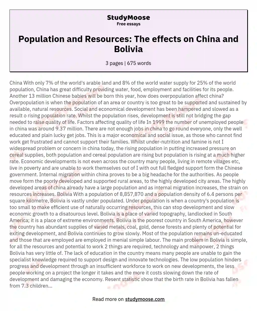 Population and Resources: The effects on China and Bolivia essay