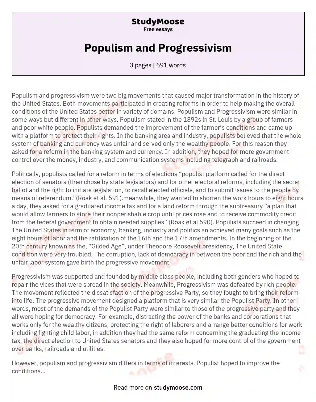 Populism and Progressivism essay