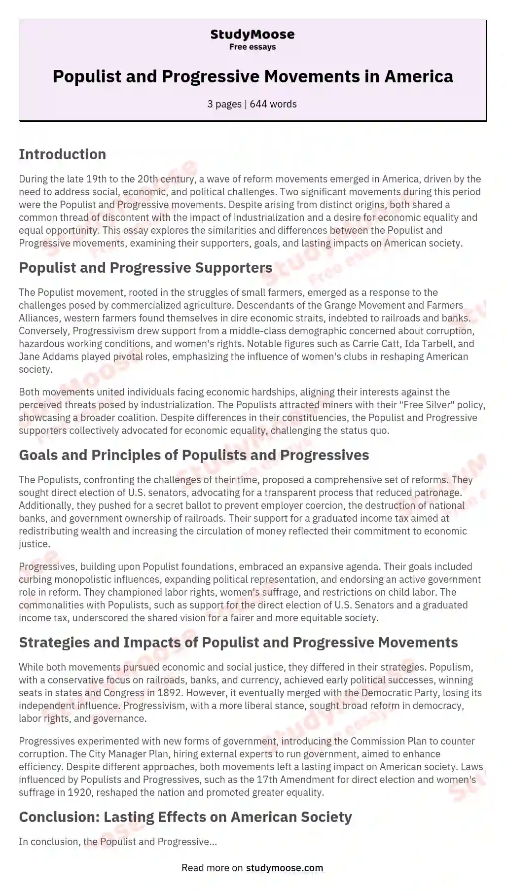 Populist and Progressive Movements in America essay