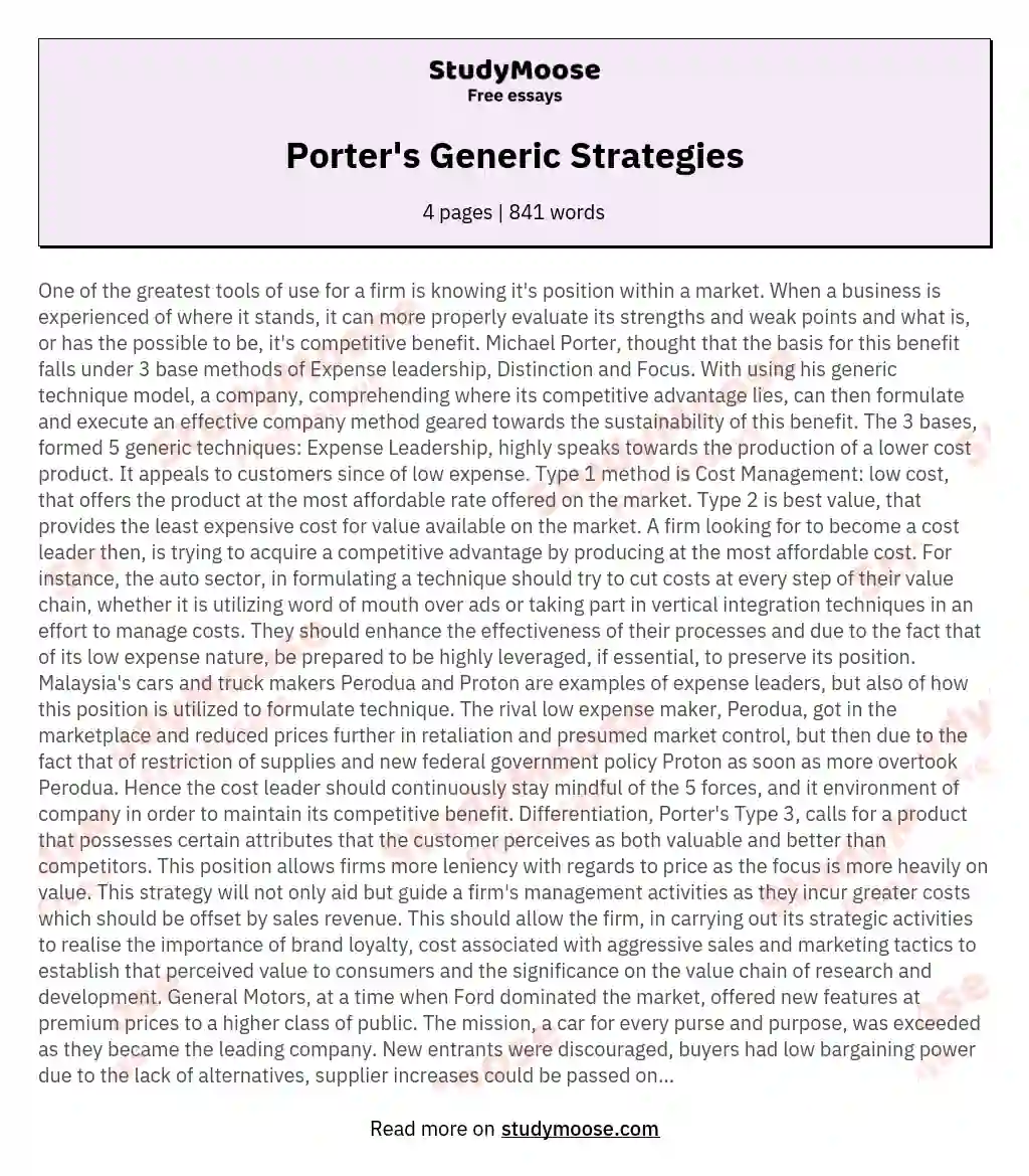 Porter's Generic Strategies essay