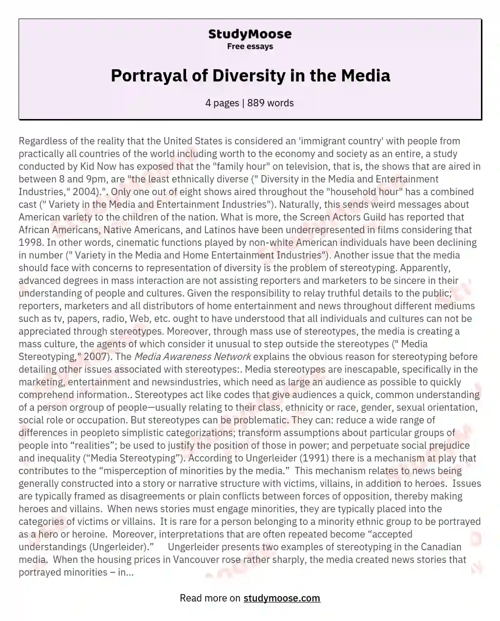 Portrayal of Diversity in the Media essay