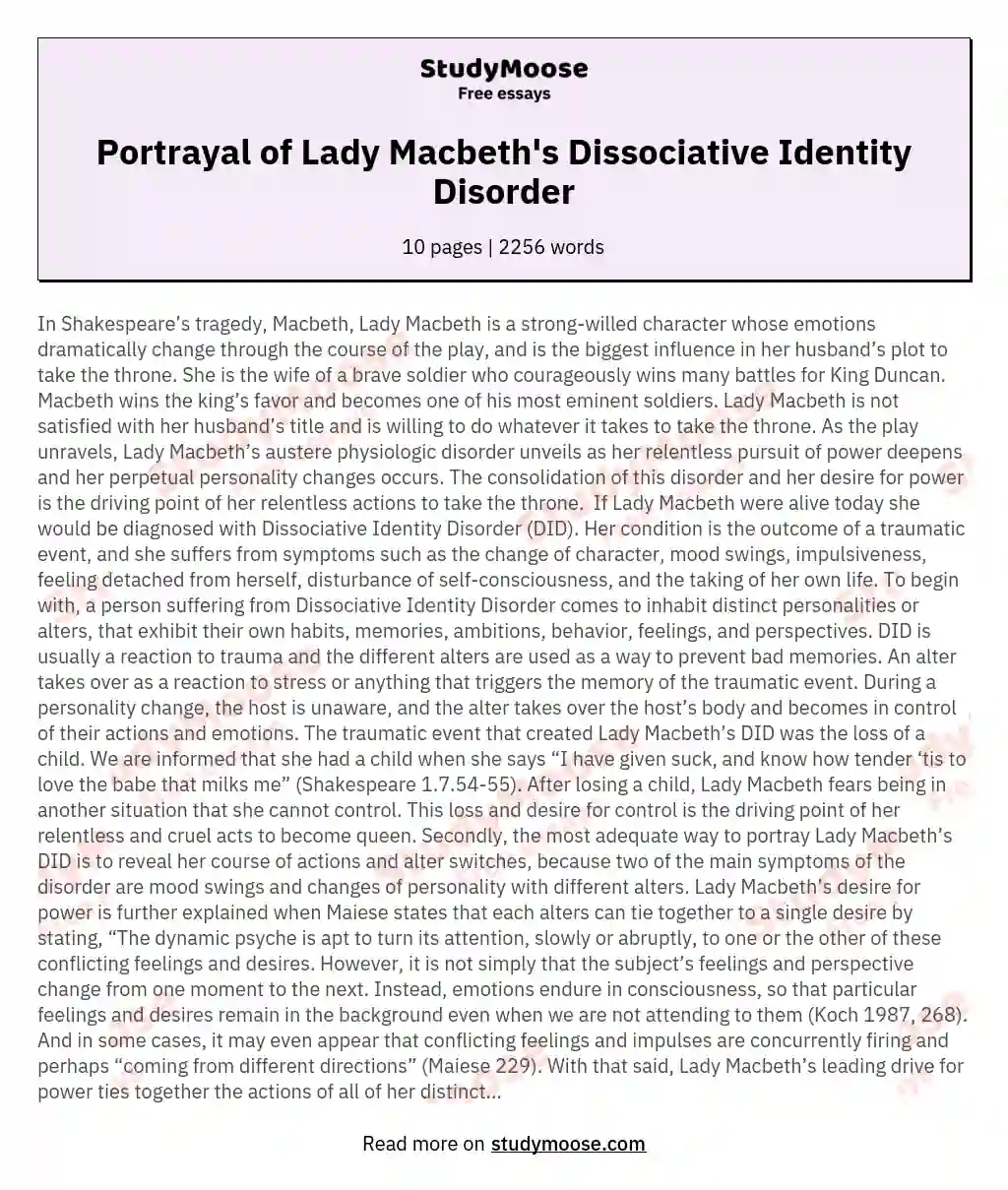 Portrayal of Lady Macbeth's Dissociative Identity Disorder