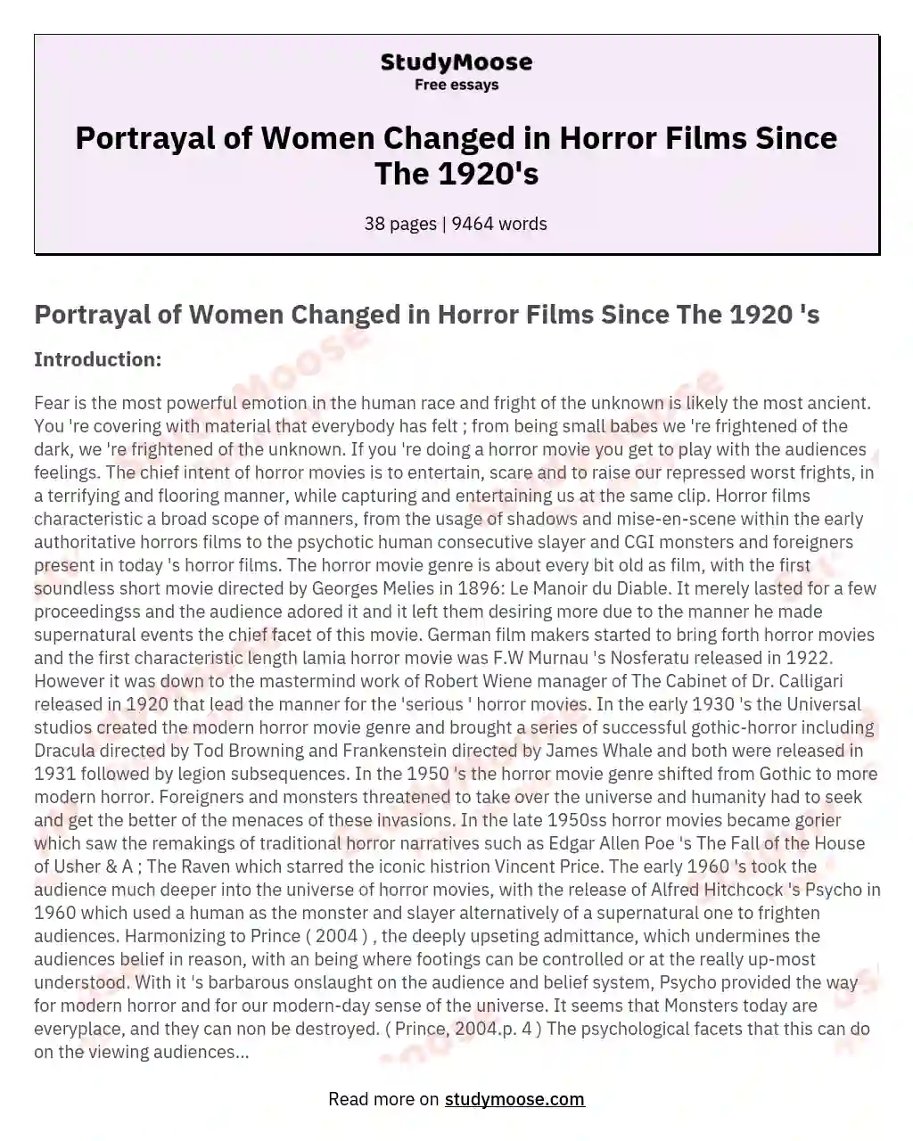Portrayal of Women Changed in Horror Films Since The 1920's essay