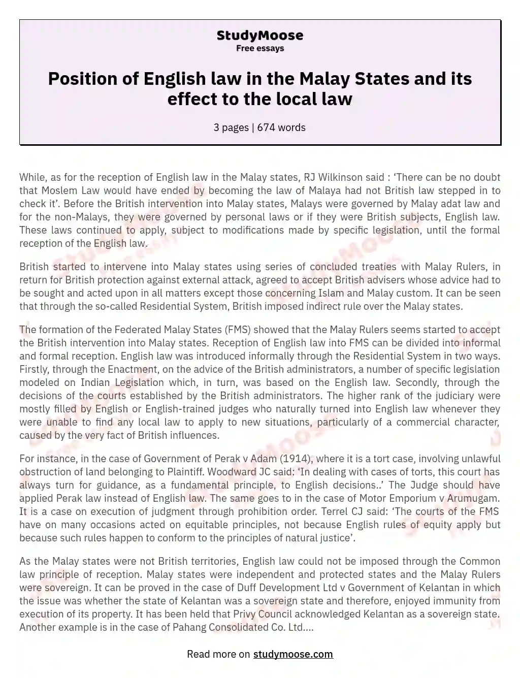 Position of English law in the Malay States and its effect to the local law