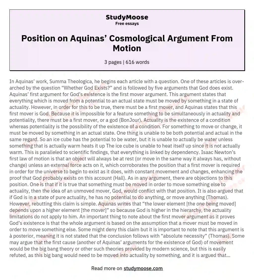 Position on Aquinas’ Cosmological Argument From Motion essay