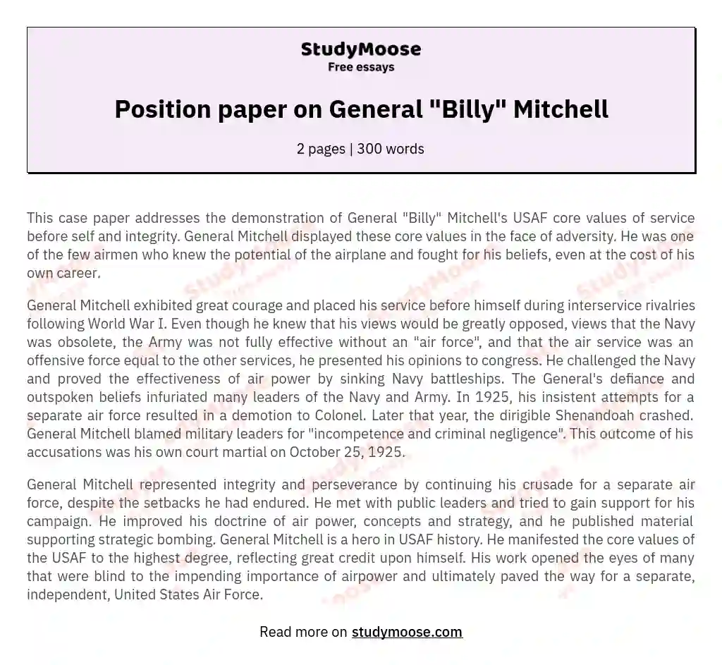 Position paper on General "Billy" Mitchell