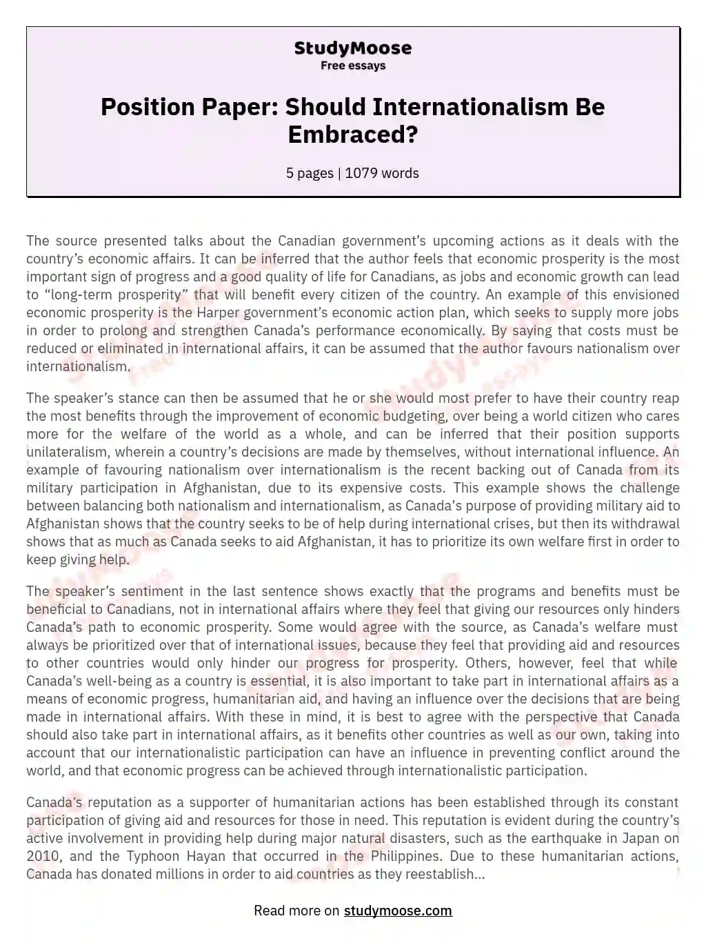 Position Paper: Should Internationalism Be Embraced? essay