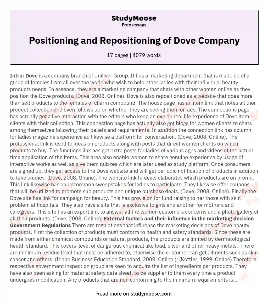 Positioning and Repositioning of Dove Company essay