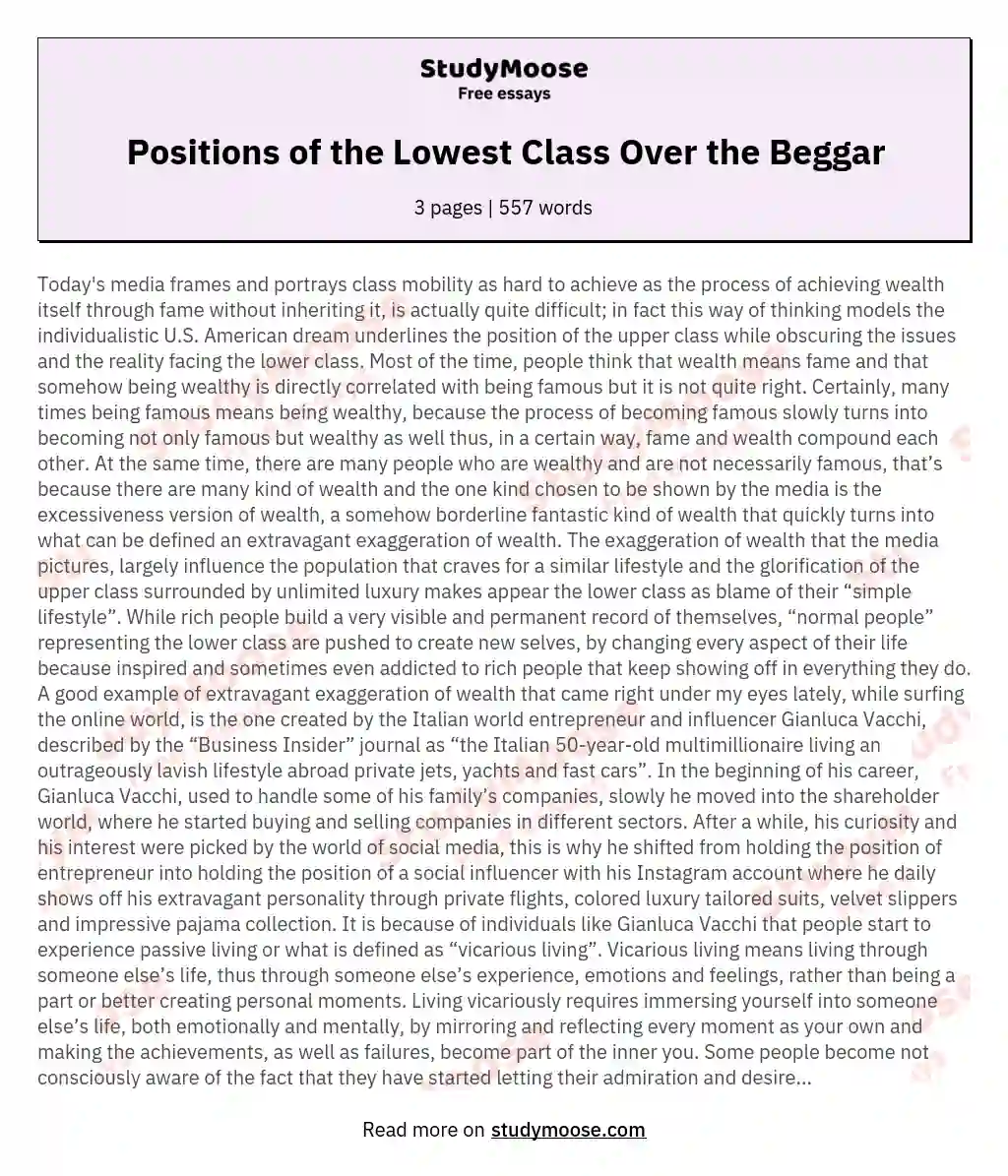 Positions of the Lowest Class Over the Beggar essay