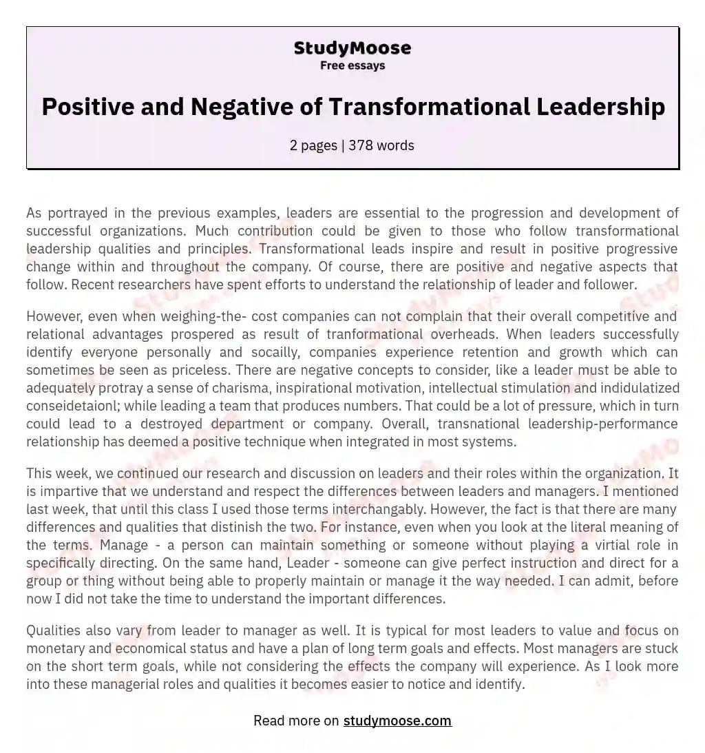Positive and Negative of Transformational Leadership essay