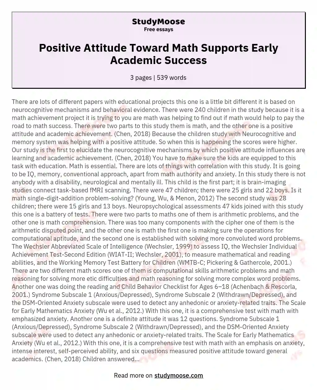 Positive Attitude Toward Math Supports Early Academic Success essay