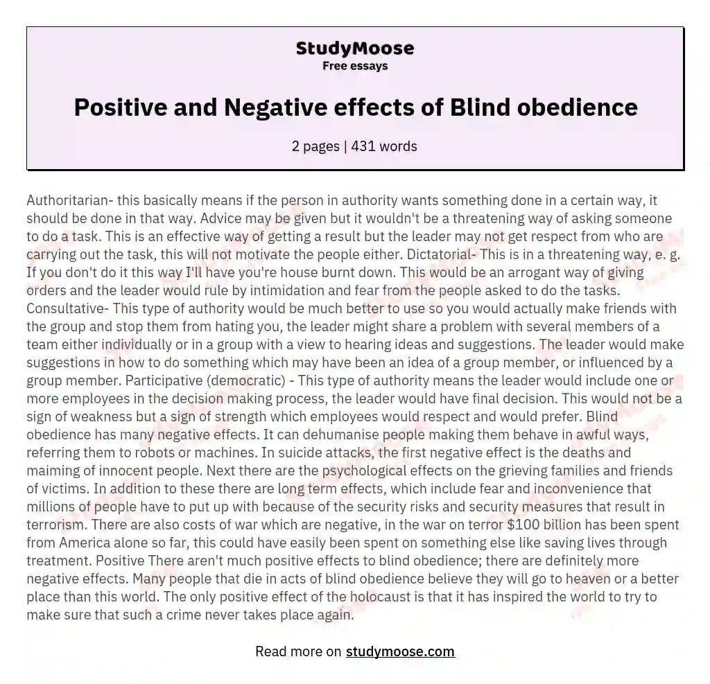 Positive and Negative effects of Blind obedience essay