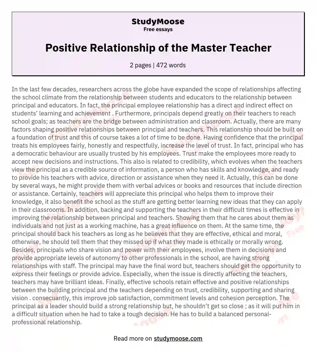 Positive Relationship of the Master Teacher essay