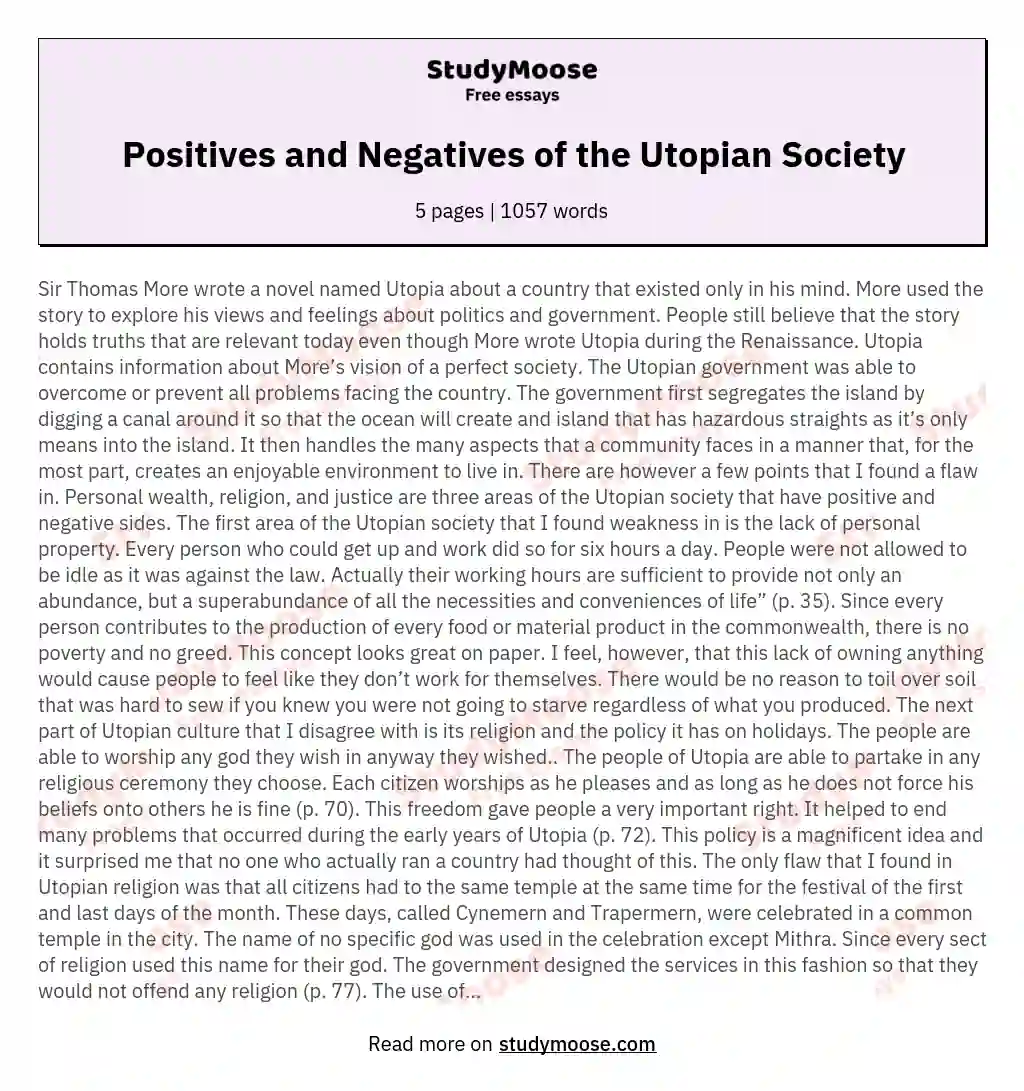 Positives and Negatives of the Utopian Society