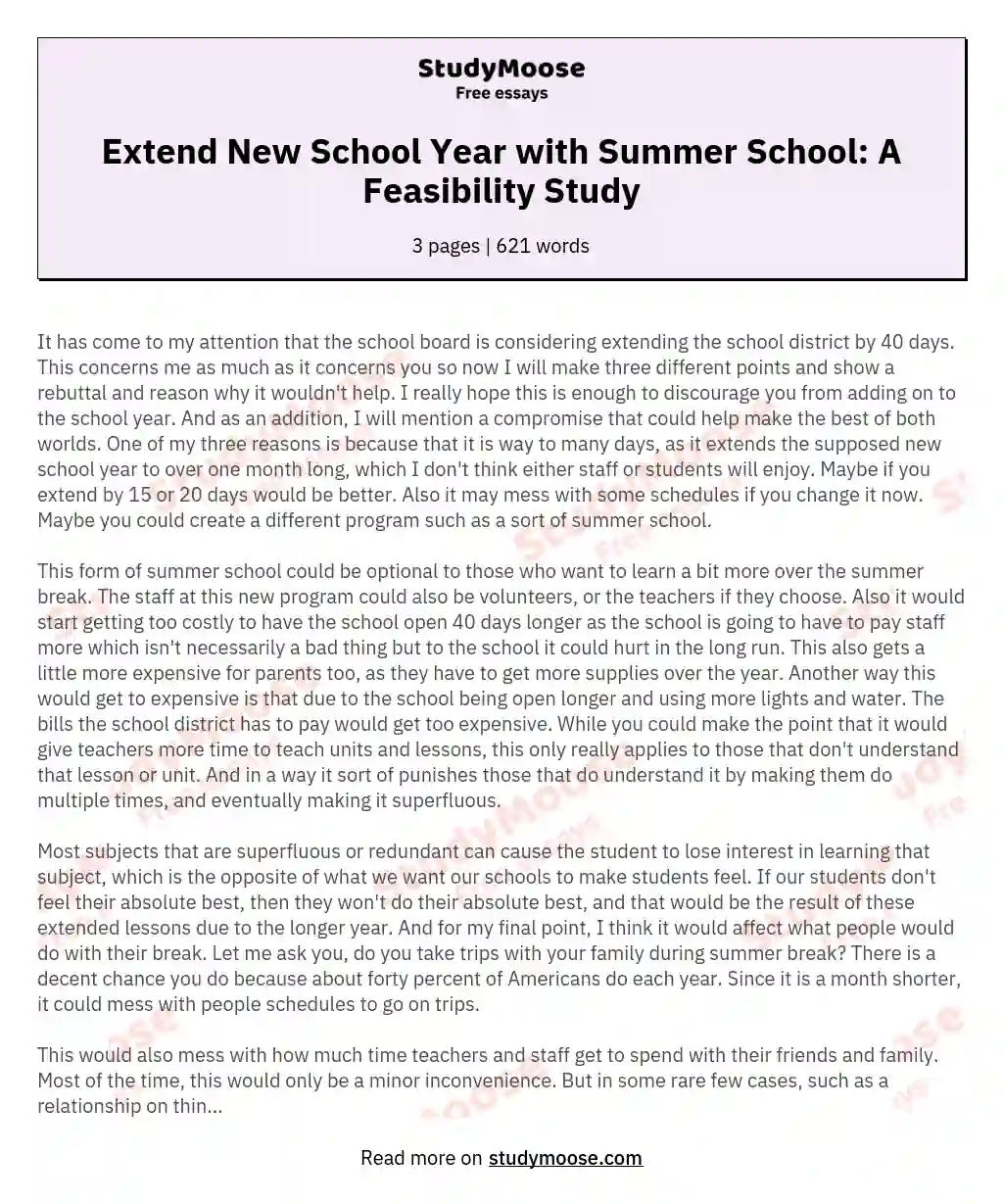 Extend New School Year with Summer School: A Feasibility Study essay