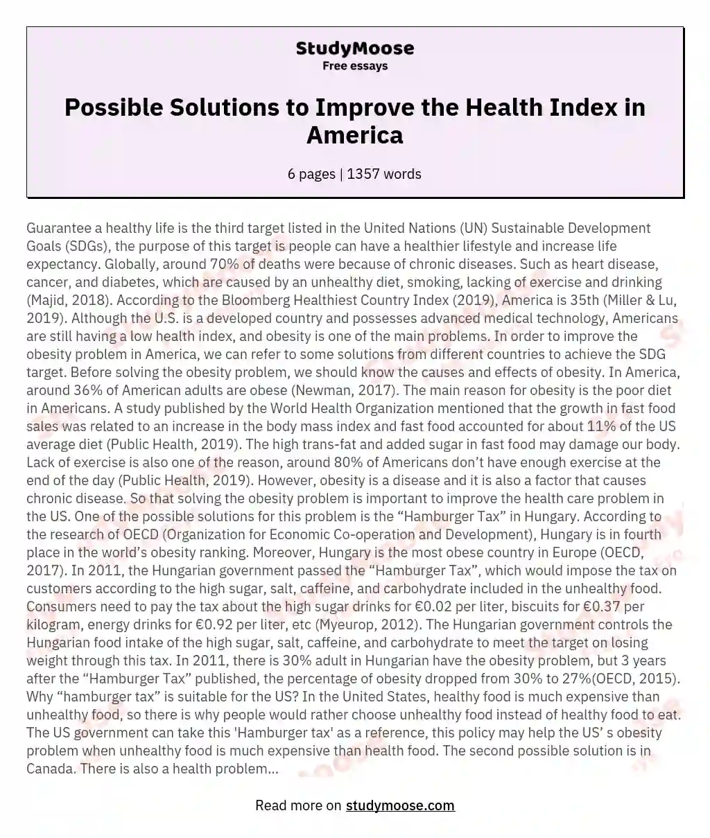 Possible Solutions to Improve the Health Index in America