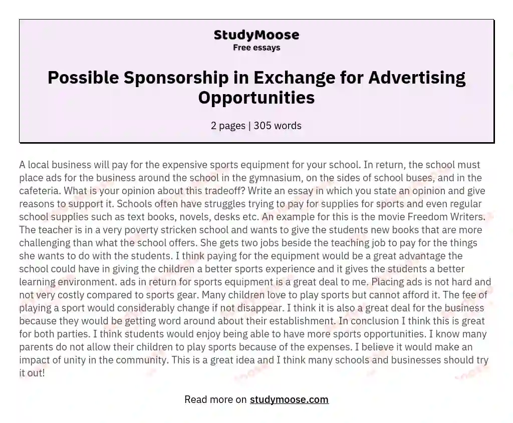 Possible Sponsorship in Exchange for Advertising Opportunities essay