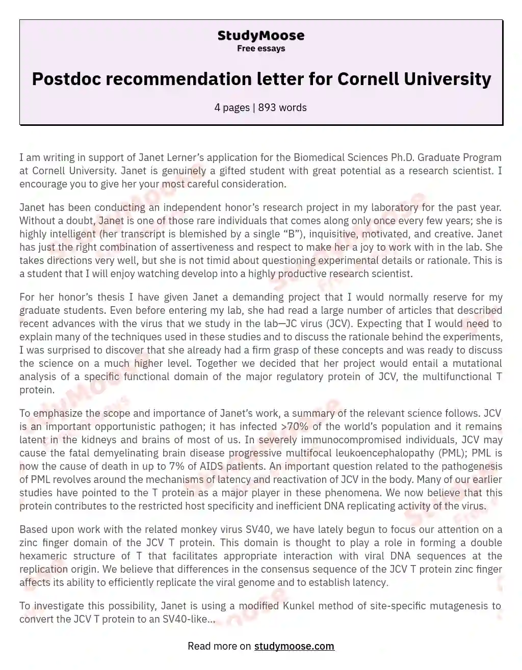 Postdoc recommendation letter for Cornell University essay