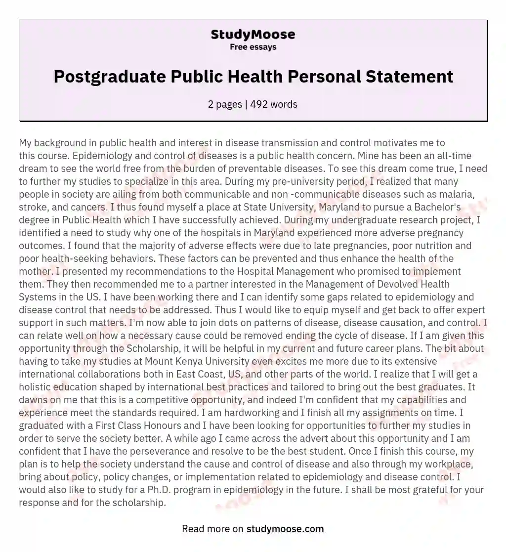 Postgraduate Public Health Personal Statement essay