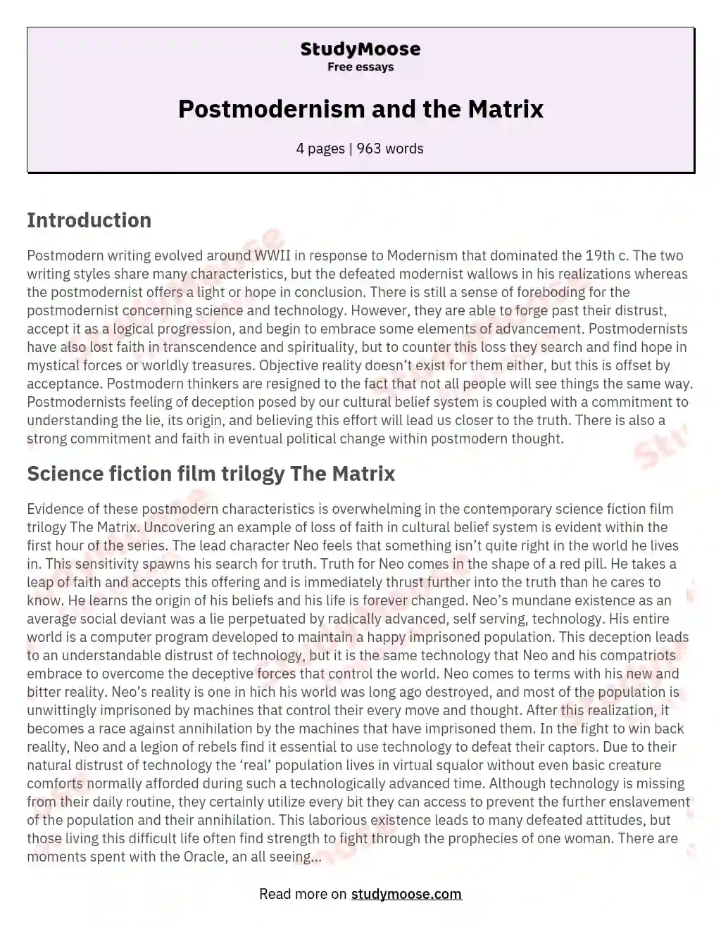 Postmodernism and the Matrix essay