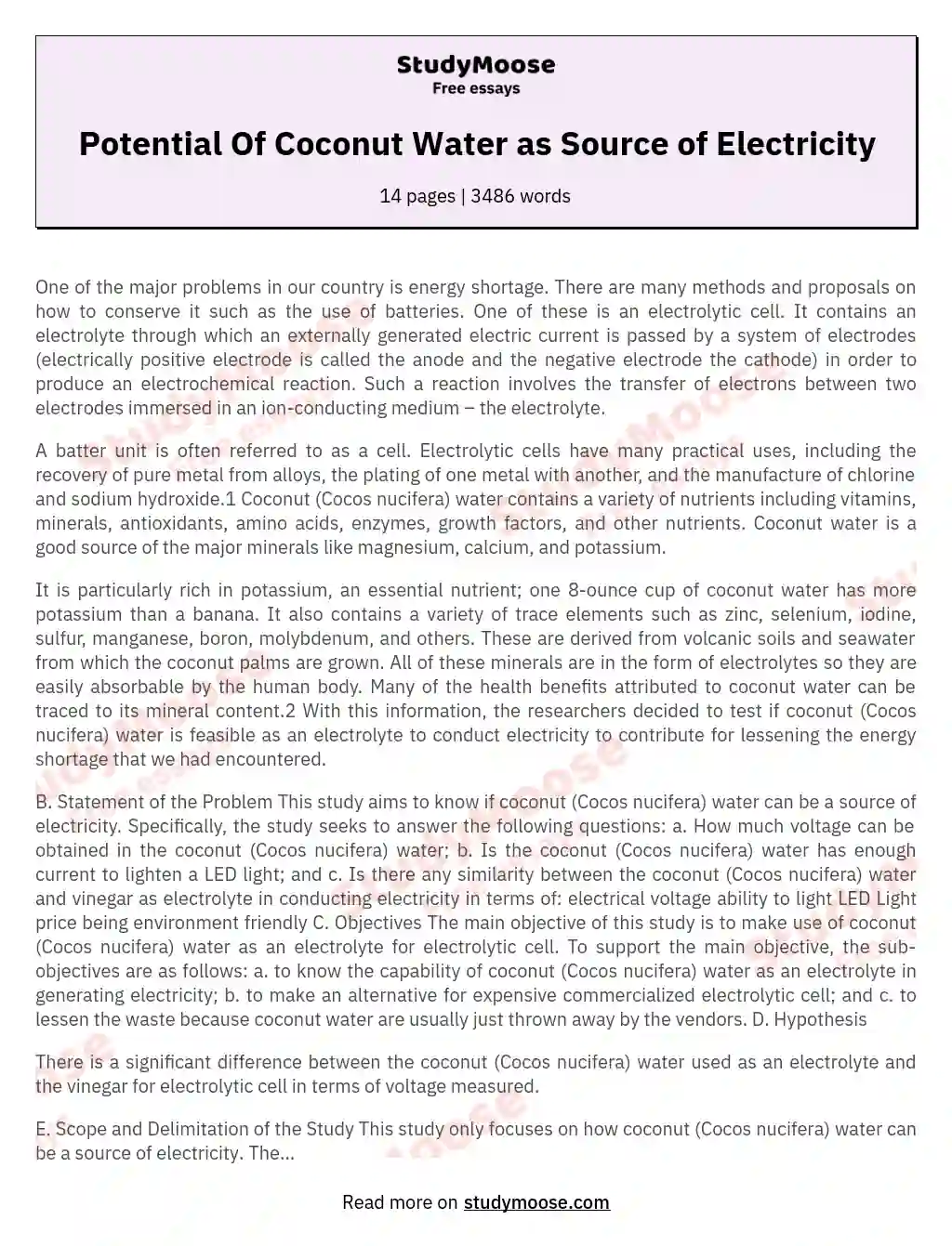 Potential Of Coconut Water as Source of Electricity essay