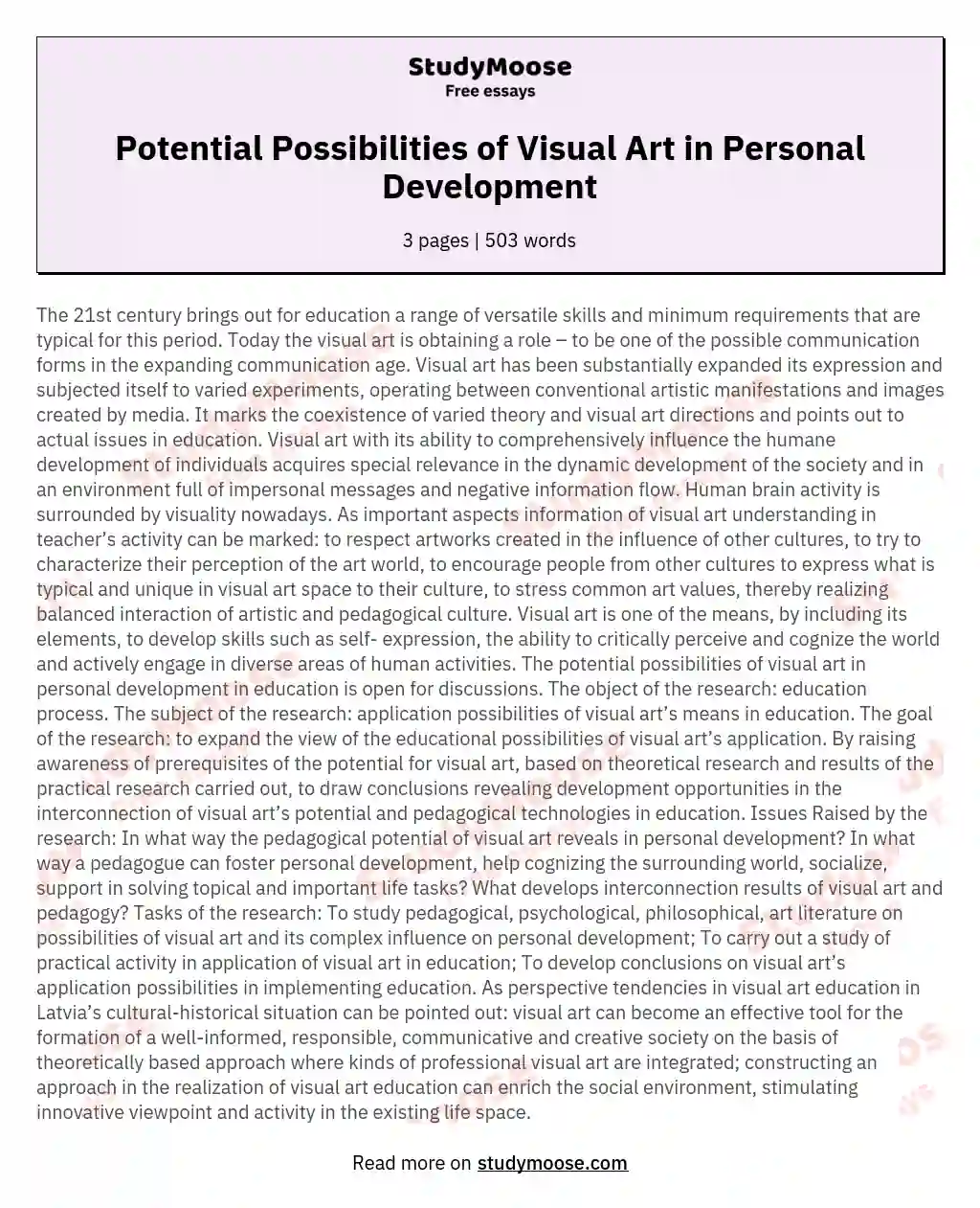 Potential Possibilities of Visual Art in Personal Development essay
