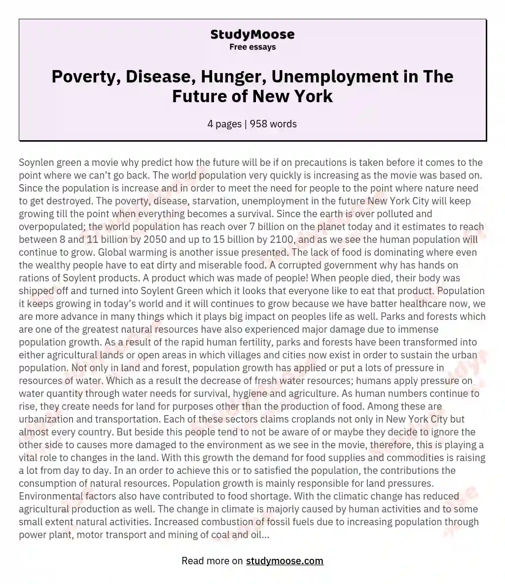 Poverty, Disease, Hunger, Unemployment in The Future of New York essay