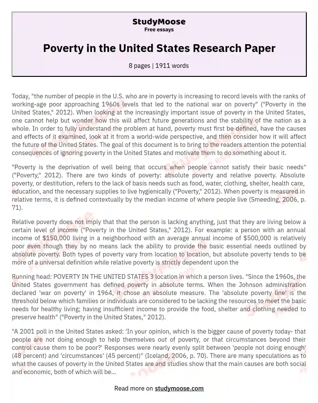 Poverty in the United States Research Paper essay