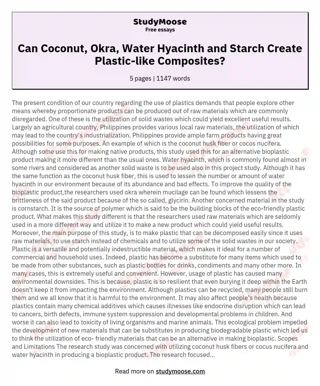 Can Coconut, Okra, Water Hyacinth and Starch Create Plastic-like Composites? essay