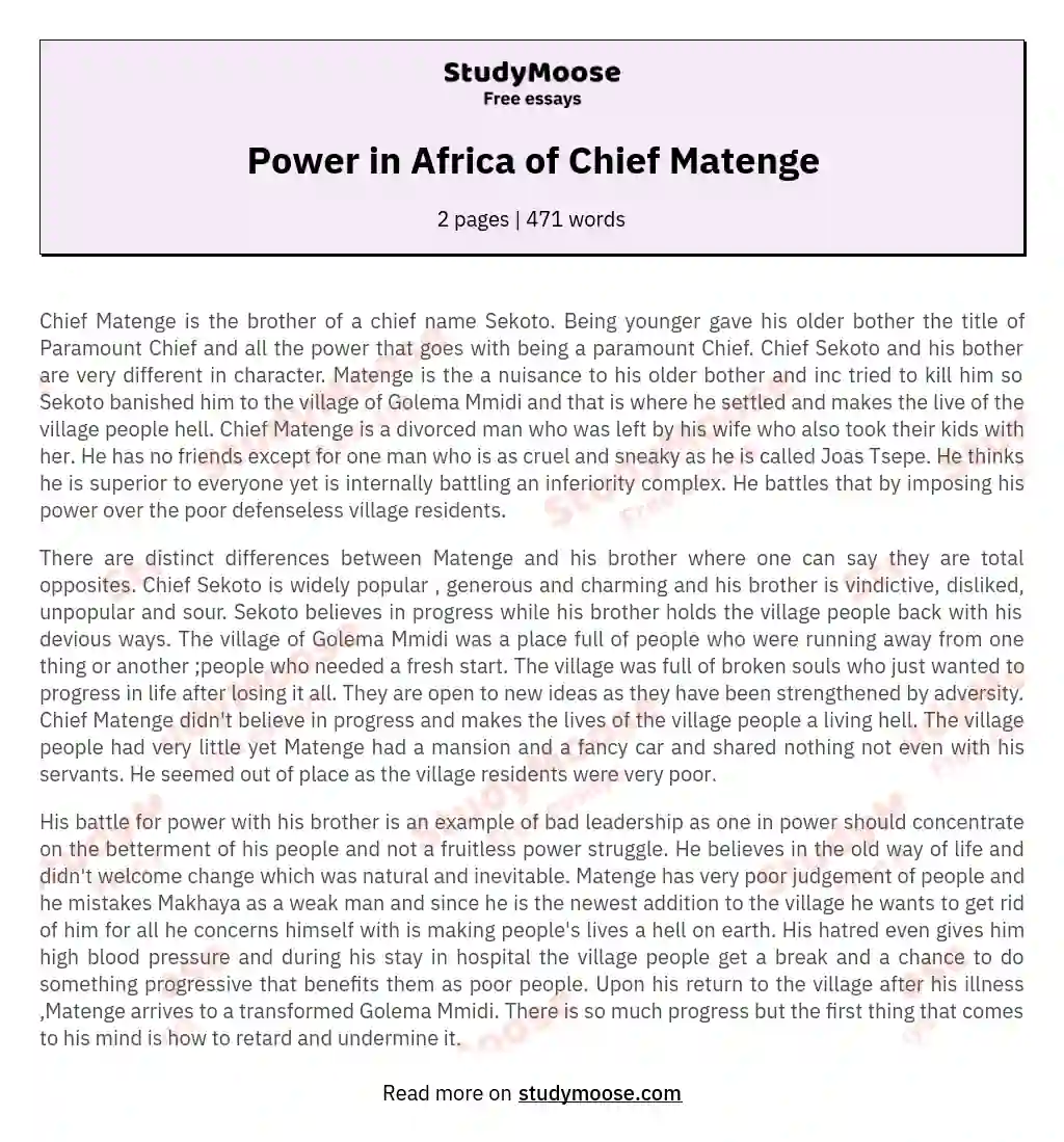 Power in Africa of Chief Matenge essay