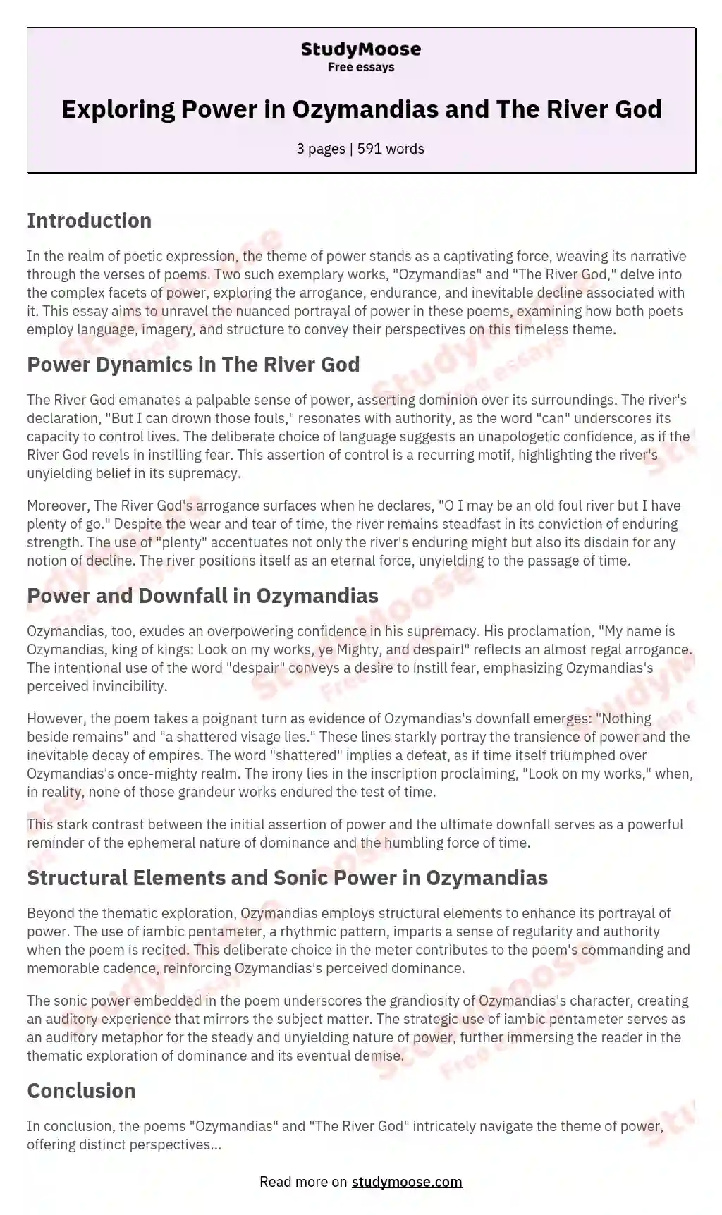 Power in ‘Ozymandias’ (page 14) and in one other poem from Character and voice: Compare