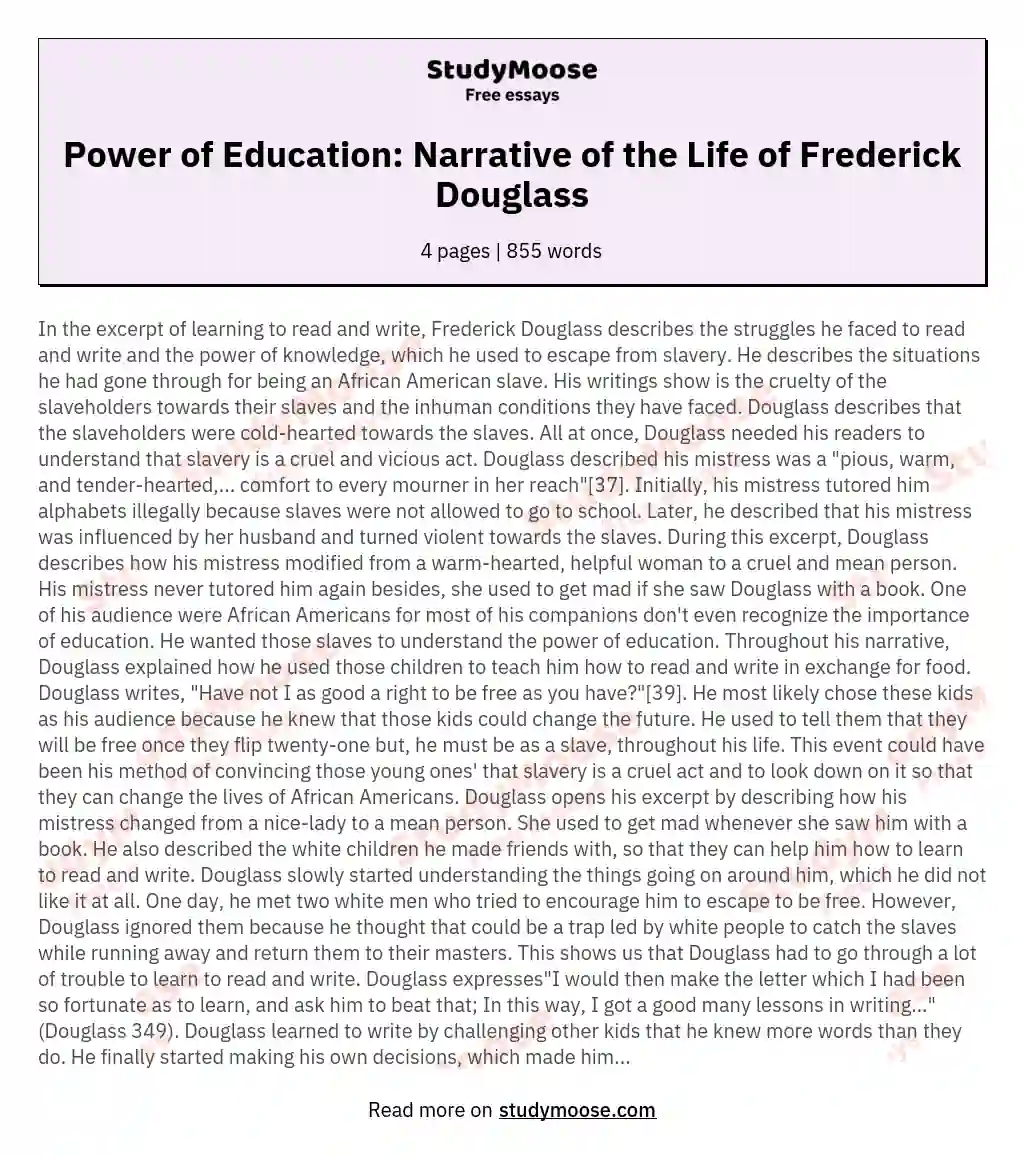 Power of Education: Narrative of the Life of Frederick Douglass