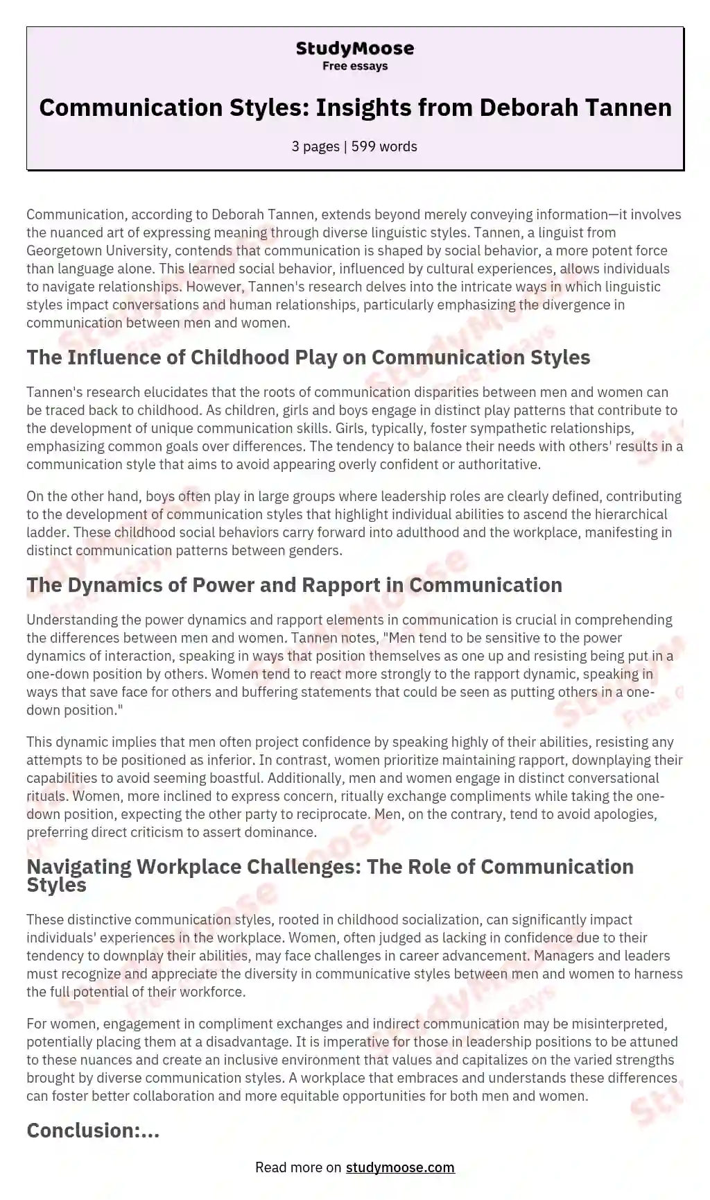 Communication Styles: Insights from Deborah Tannen essay