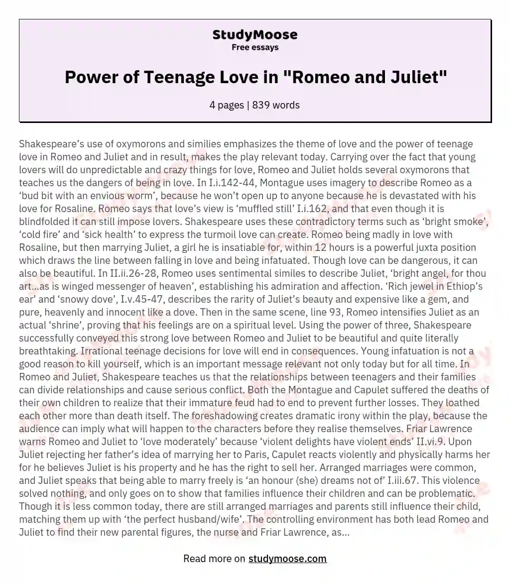 Power of Teenage Love in "Romeo and Juliet" essay