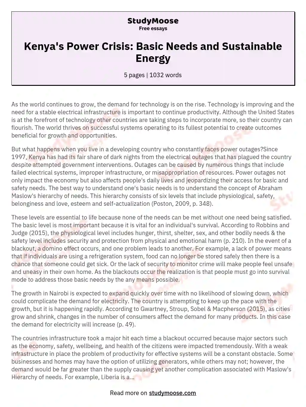 Kenya's Power Crisis: Basic Needs and Sustainable Energy essay