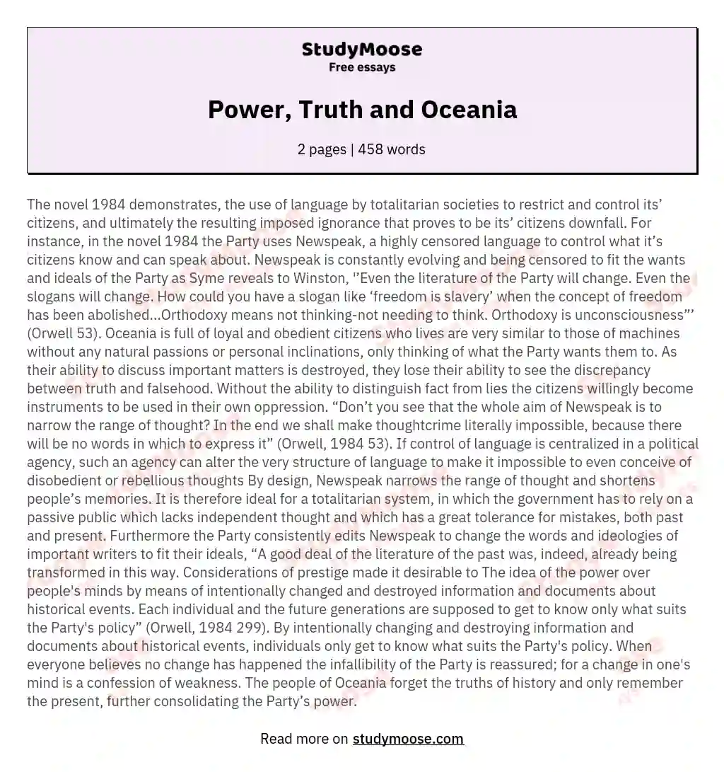 Power, Truth and Oceania essay