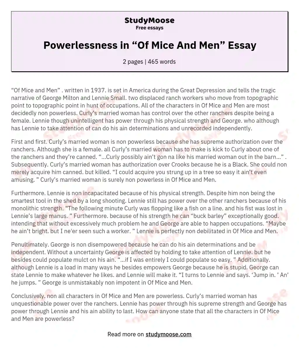 Powerlessness in “Of Mice And Men” Essay