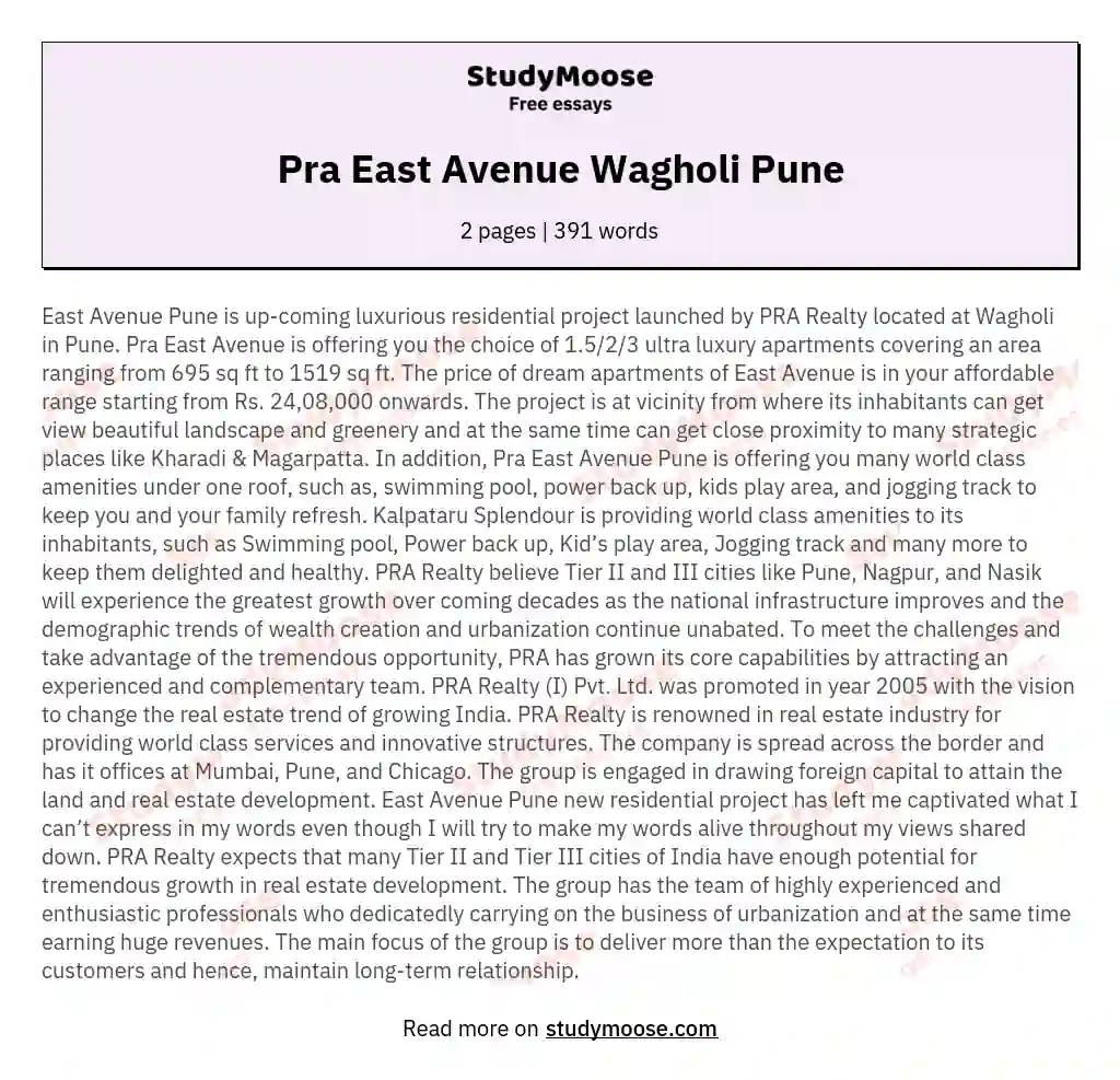 Pra East Avenue Wagholi Pune essay
